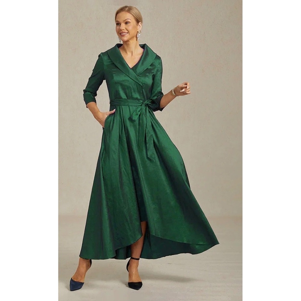 MSGLAMOR Emerald Green Metallic High-Low Evening Gown Shawl Collar XXL NWT